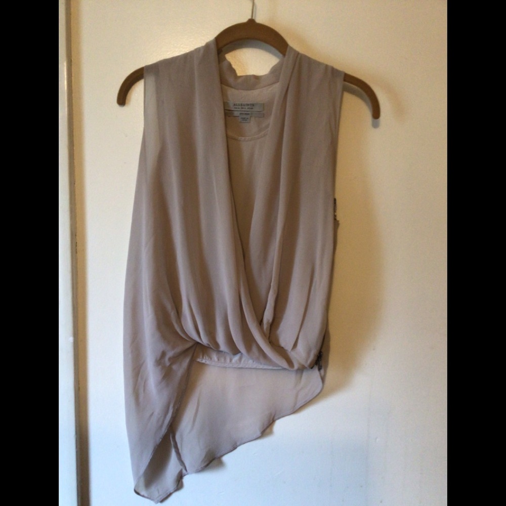 All Saints Taupe Draped Asymmetric Sleeveless Blouse